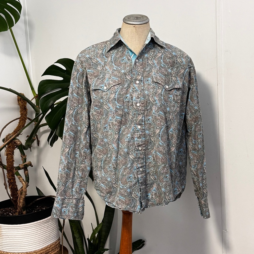 Stetson Western Shirt Mens Small Blue Paisley Pearl Snap Long Sleeve 11-001-0425